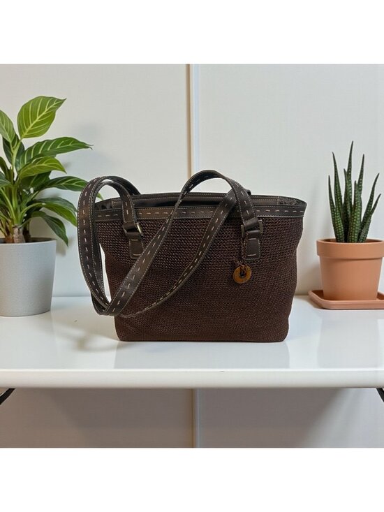 The Sak Handbags - The Sak Shoulder Bag Brown Nylon Crochet Tote with Whipstitch Accent + Bag Charm